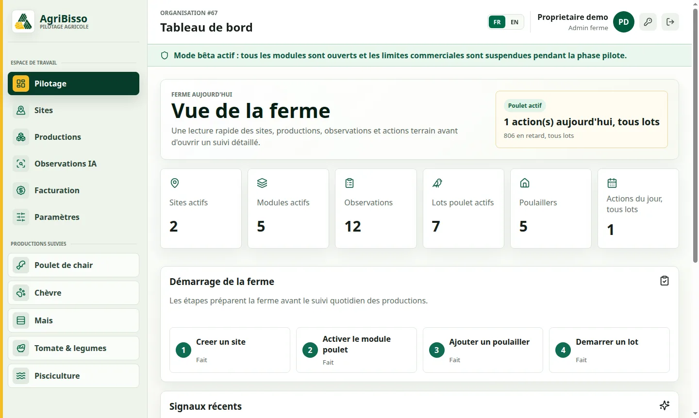 Aperçu du logiciel AgriBisso avec modules agricoles