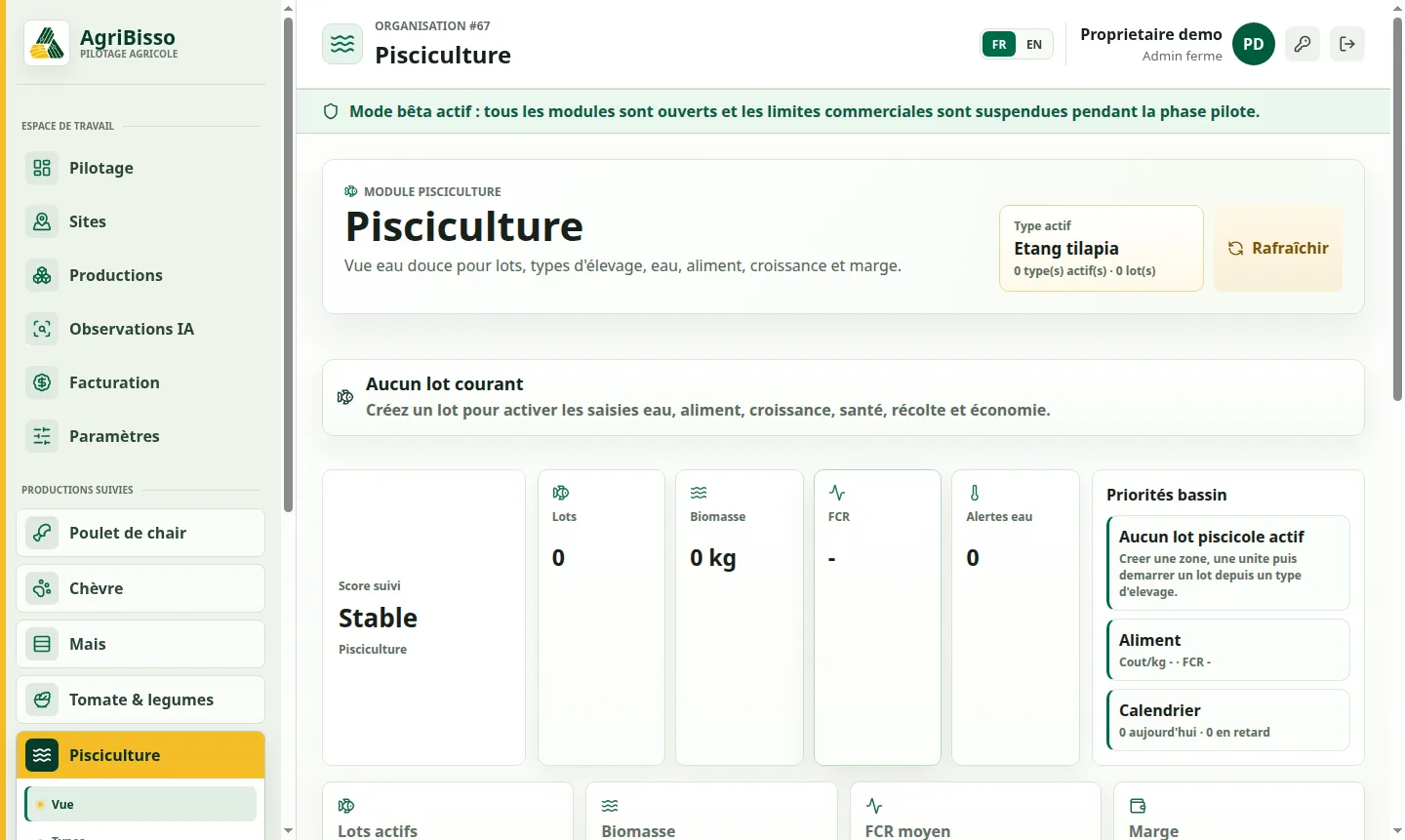Tableau de bord Pisciculture avec lots, eau, aliment, croissance et biomasse
