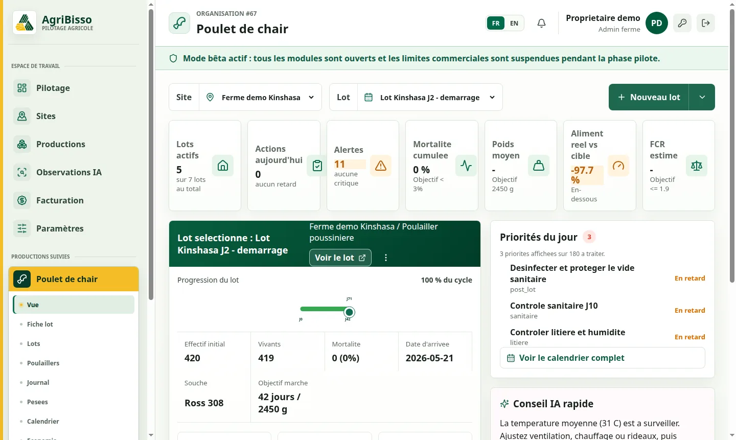 Tableau de bord Poulet de chair avec lots, alertes et actions du jour