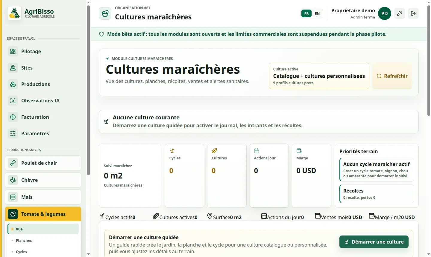 Tableau de bord Cultures maraîchères avec cycles, planches, récoltes et ventes